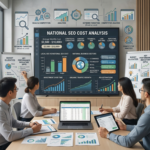 Team reviewing national SEO cost analysis dashboard with charts and metrics