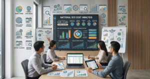 Team reviewing national SEO cost analysis dashboard with charts and metrics